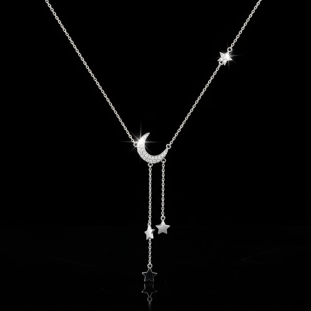 925 Sterling Silver Gold Plated Necklace - Moon and Star Zircon Pendant for Women