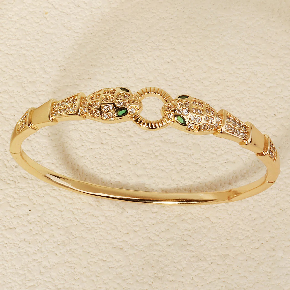 Bracelet Jonc Serpent & Tigre Acier Inoxydable Doré - Zirconia Femme Style Animal