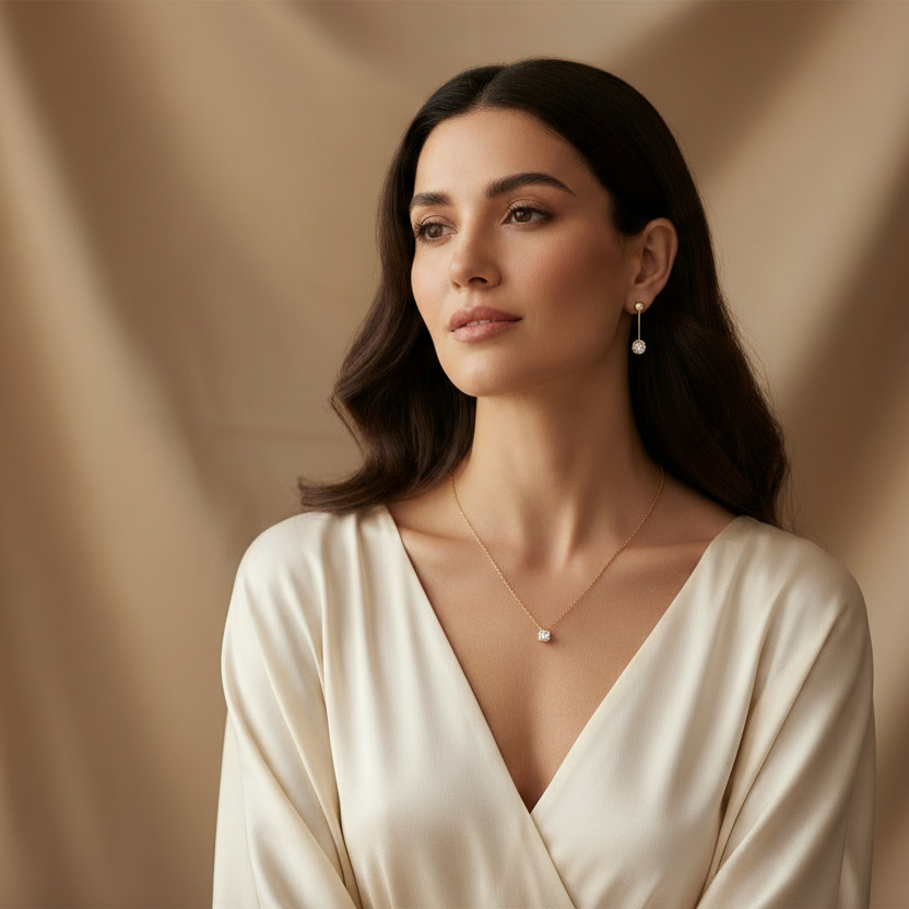 Femme avec collier saphir